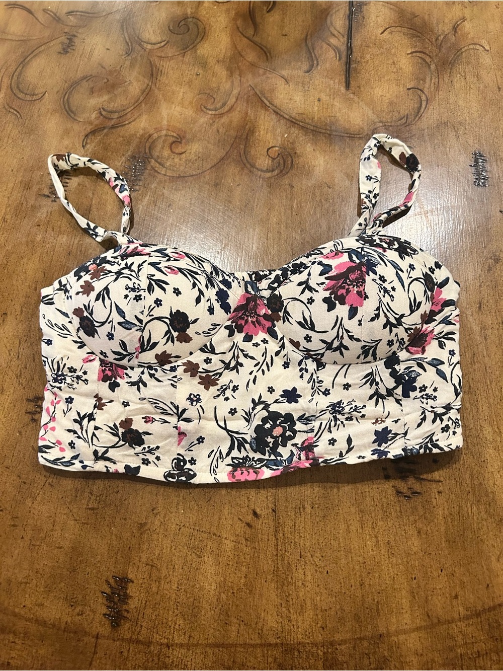 Floral Bustier Crop Top in Cream with Pink & Navy Floral Print